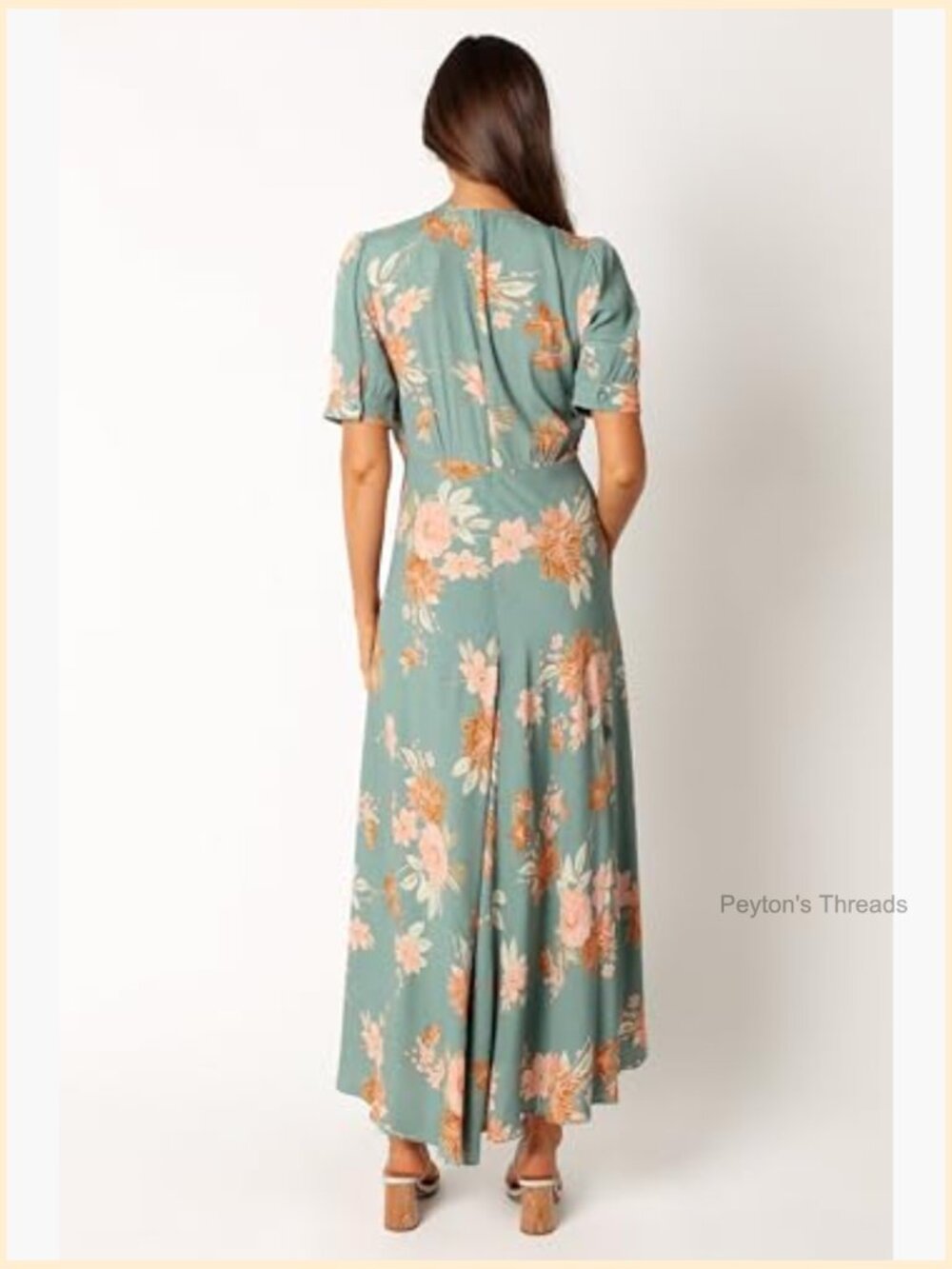 Midi A-Line Dress with V-Neck, Short Sleeves, Front Buttons, Side Split - Picture 6 of 7